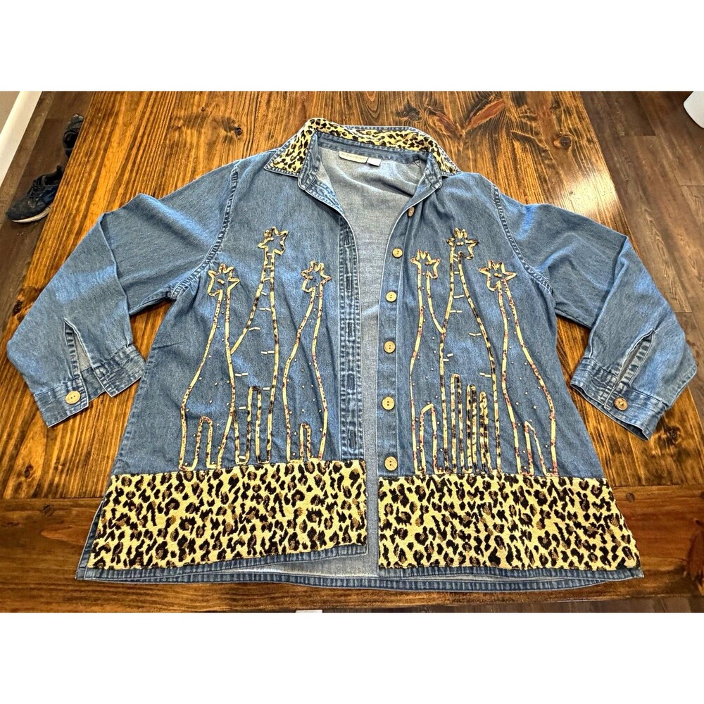 Vtg Dressbarn Denim Shirt Jacket Giraffe Embroidered Leopard Trim Beaded 22/24 L